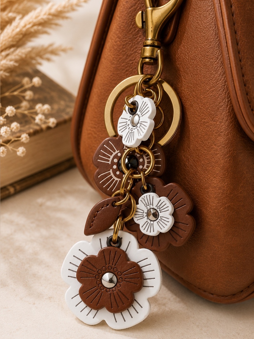 Tea Rose Style Brown & White Floral Cluster Bag Charm - Picture 3 of 5